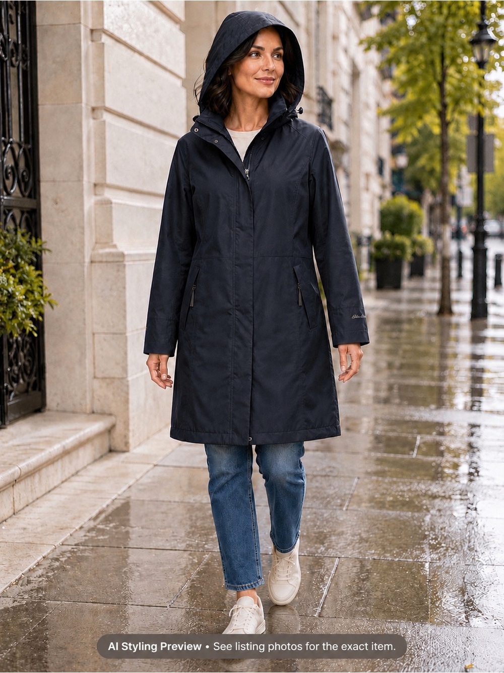 Eddie Bauer XL WeatherEdge Navy Long Hooded Raincoat Jacket
